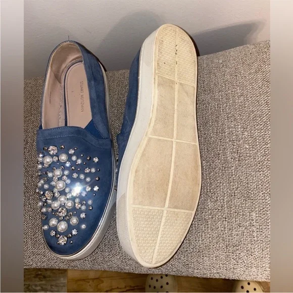 Stuart Weitzman Pearl Crystal Embellished Decor
White Platform Sneakers Slip Ons - Picture 10 of 14